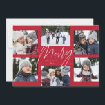 Modern merry script red 6 photo Christmas collage Holiday Card<br><div class="desc">A college of 6 photos is collected around a modern merry script in the centre and a custom message. This simple design is trend forward and the perfect way to share a year of highlights with friends and family. The backer is a coordinating red stripe.</div>