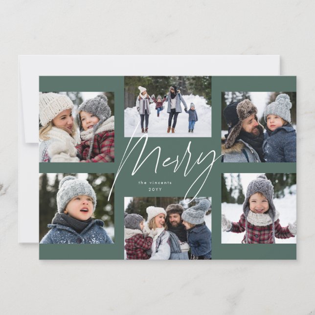 Modern merry script sage 6 photo Christmas collage Holiday Card (Front)