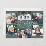 Modern merry script sage 6 photo Christmas collage Holiday Card<br><div class="desc">This holiday photo card features a college of 6 photos around a modern merry script in the centre and a custom message. This simple design is trend forward and the perfect way to share a year of highlights with friends and family. The backer is a coordinating sage green stripe.</div>