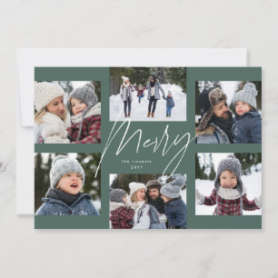 Modern merry script sage 6 photo Christmas collage Holiday Card