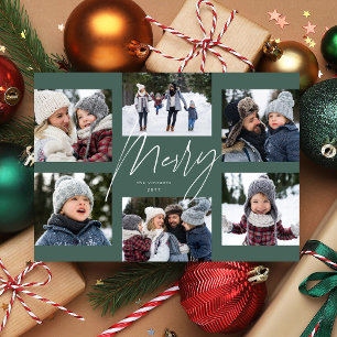 Modern merry script sage 6 photo Christmas collage Holiday Card