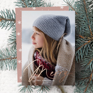 Modern Merry Signature Script Dusty Rose Photo Foil Holiday Card