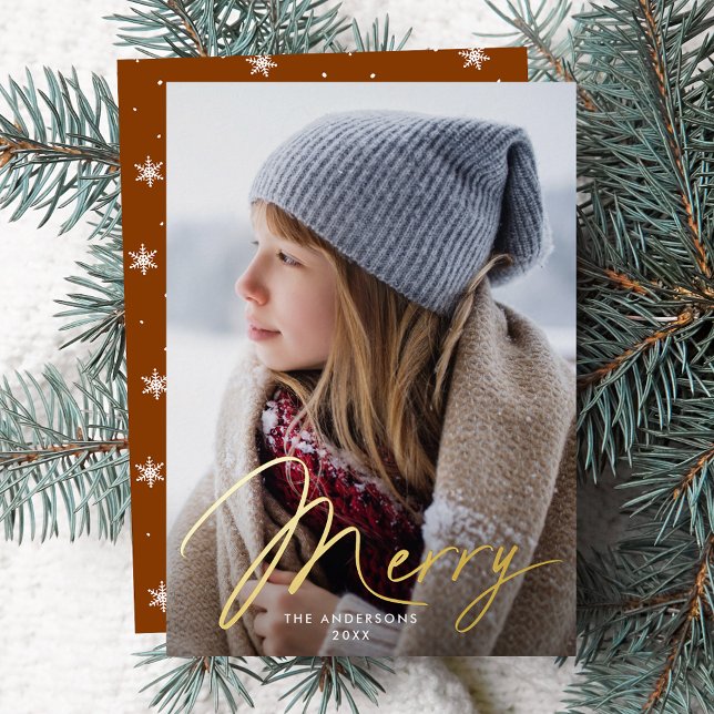 Modern Merry Signature Script Gingerbread Photo Foil Holiday Card (Creator Uploaded)