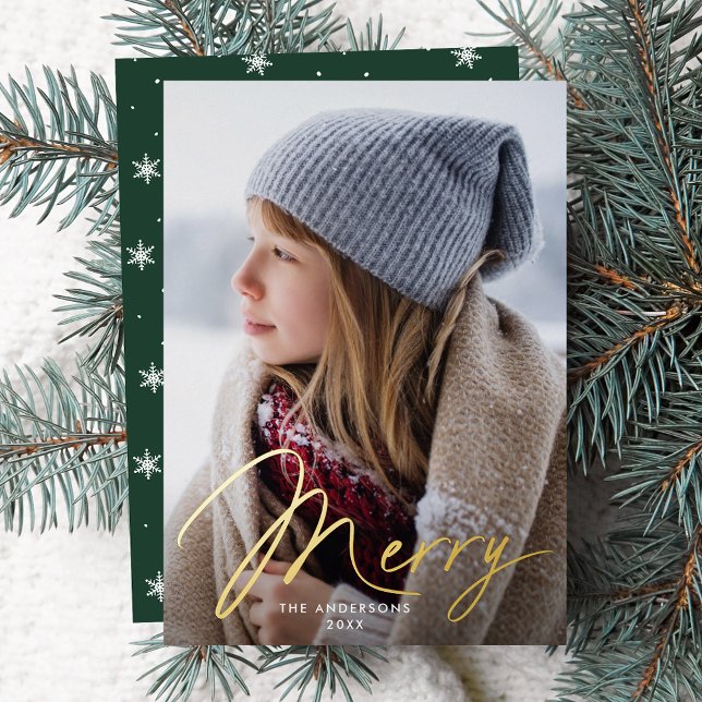 Modern Merry Signature Script Green Photo Foil Holiday Card (Creator Uploaded)
