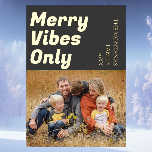 Modern Merry Vibes Only Family Photo Charcoal Grey Foil Holiday Card (Creator Uploaded)