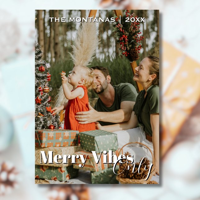 Modern Merry Vibes Only Family Photo Light Grey Holiday Card (Creator Uploaded)