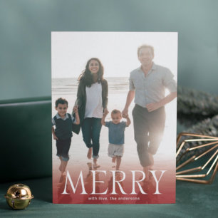 Modern MERRY White Maroon Red Overlay Photo Holiday Card
