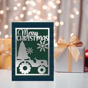 Modern Merry Xmas Tree Farm Faux Papercut Silver Foil Holiday Card
