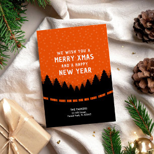 Modern Merry Xmas with red forest and snow Card