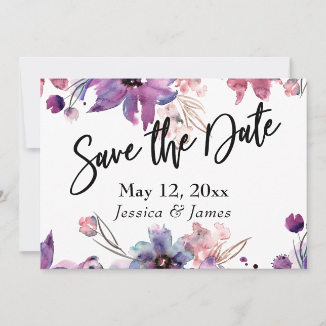 Modern Messy Abstract Watercolor Florals  Save The Date (Front)