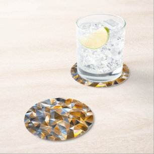 Modern Metallic Abstract Gold Silver Geometric Round Paper Coaster