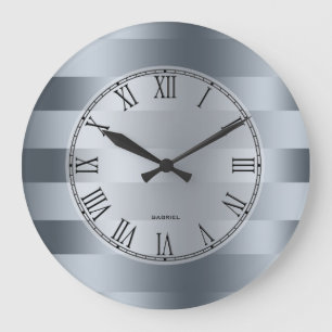 Modern Metallic Blue-Grey Stripes Pattern Large Clock