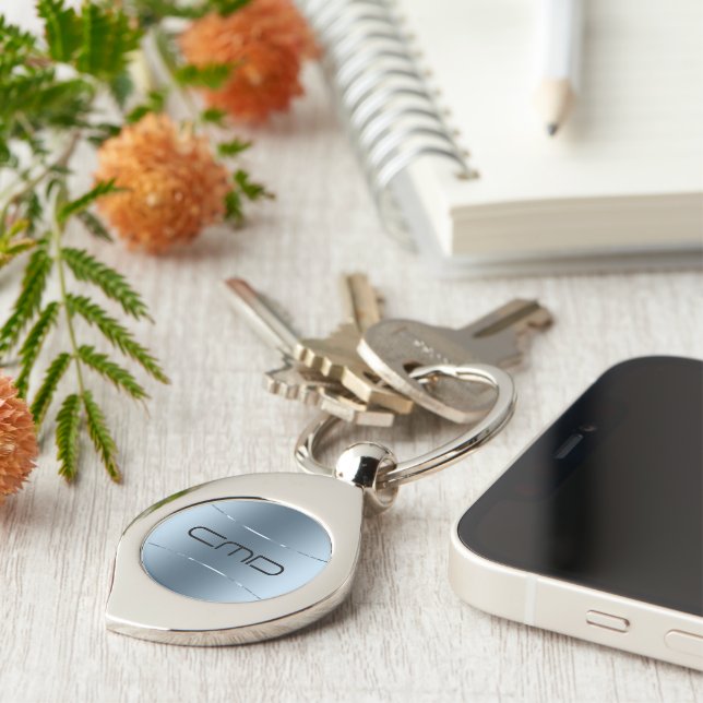 Modern metallic blue stainless steel look key ring (Side)