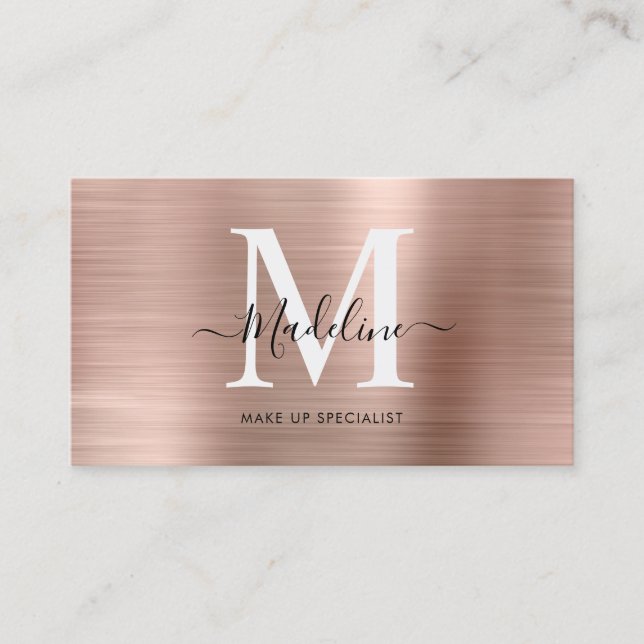 Modern Metallic Brushed Rose Gold Monogram Business Card (Front)