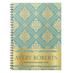 Modern Metallic Elegant floral cyan gold Notebook