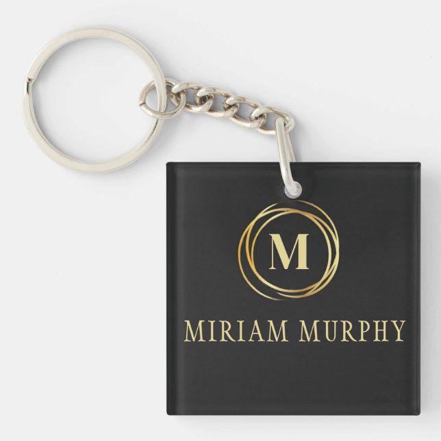 Modern metallic gold circle shape faux monogram key ring (Front)