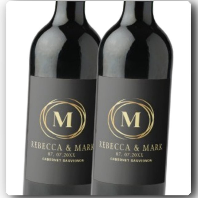 Modern metallic gold circle shape faux monogram wine label (Creator Uploaded)