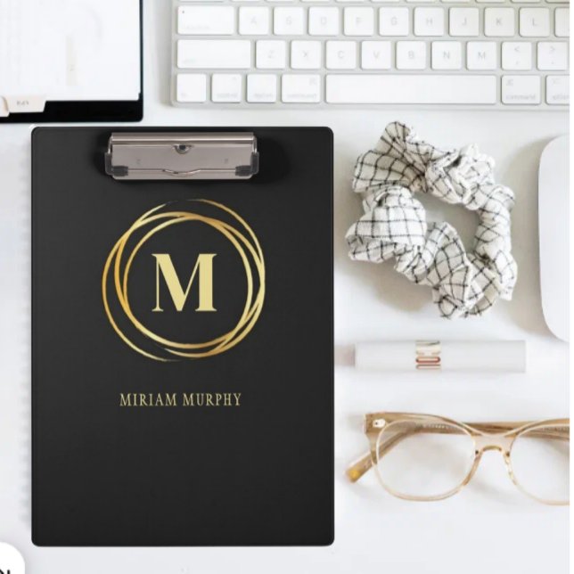 Modern metallic gold circle shape monogram black clipboard (Creator Uploaded)