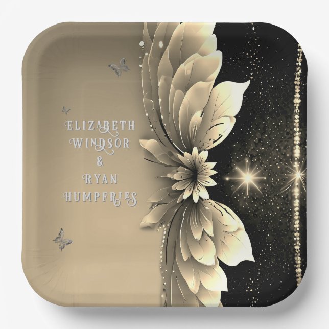 Modern Metallic Gold Floral Wedding Invitation Paper Plate (Front)