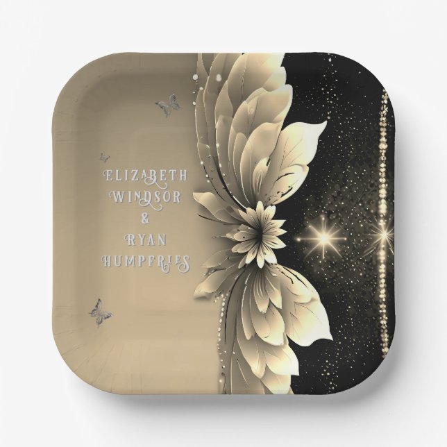 Modern Metallic Gold Floral Wedding Invitation Paper Plate (Front)