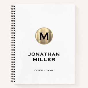Modern Metallic Gold Monogram White Notebook