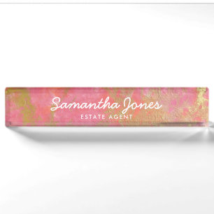 Modern Metallic Gold Pink Marble Personalised Nameplate