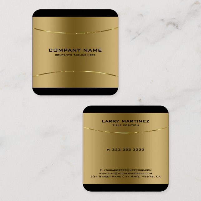 Modern Metallic Gold Stainless Steel Black Border Square Business Card (Front/Back)