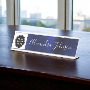 Modern Metallic Navy Blue Name Job Title Desk Desk Name Plate