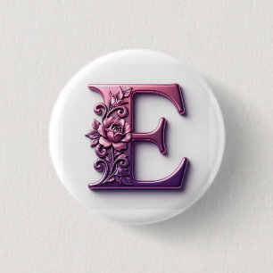 Modern Metallic Rosemaling Letter E, Pink/Purple 3 Cm Round Badge