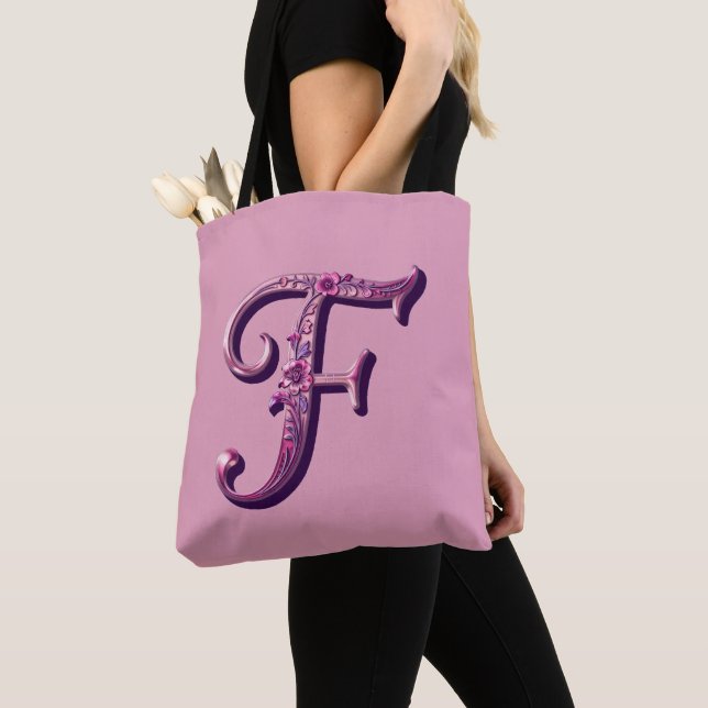 Modern Metallic Rosemaling Letter F, Pink/Purple Tote Bag (Close Up)