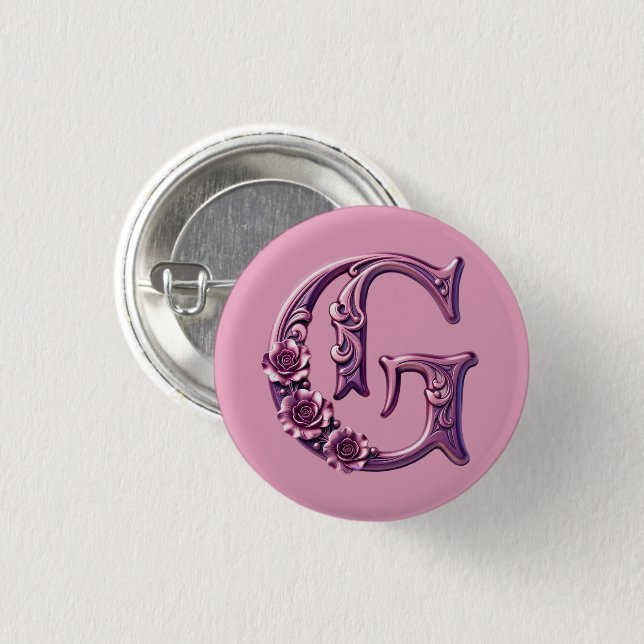Modern Metallic Rosemaling Letter G, Pink/Purple 3 Cm Round Badge (Front & Back)