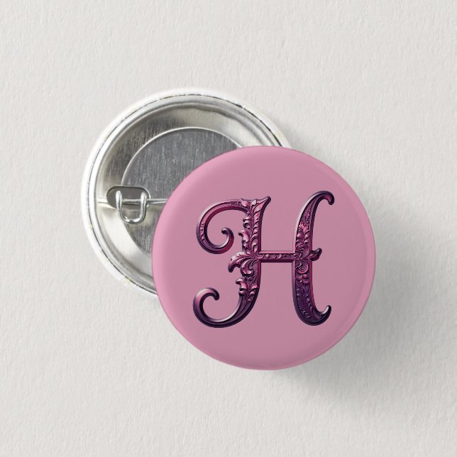 Modern Metallic Rosemaling Letter H, Pink/Purple 3 Cm Round Badge (Front & Back)