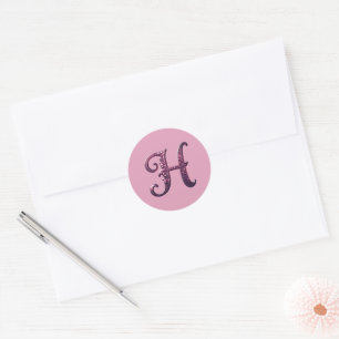 Modern Metallic Rosemaling Letter H, Pink/Purple Classic Round Sticker