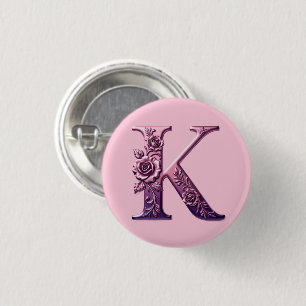 Modern Metallic Rosemaling Letter K, Pink/Purple 3 Cm Round Badge