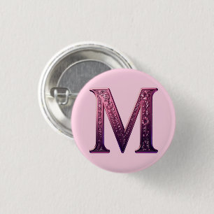 Modern Metallic Rosemaling Letter M, Pink/Purple 3 Cm Round Badge
