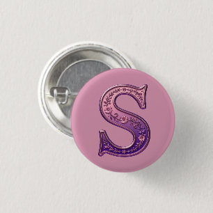 Modern Metallic Rosemaling Letter S, Pink/Purple 3 Cm Round Badge