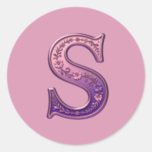 Modern Metallic Rosemaling Letter S, Pink/Purple Classic Round Sticker