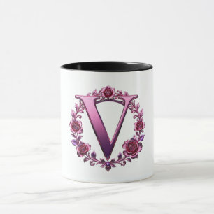 Modern Metallic Rosemaling Letter V Pink/Purple Mug