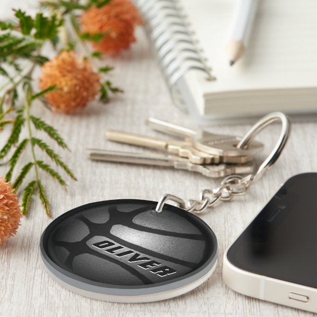 Modern Metallic Silver Black Basketball Ball  Key Ring (Front Right)