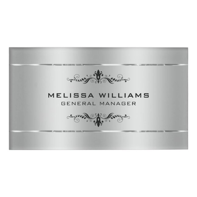 Modern Metallic Silver & Black Swirls Frame Name Tag (Front)