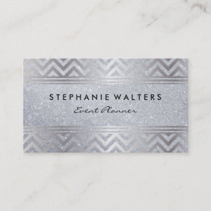 Modern Metallic Silver Chevron and Glitter Business Card