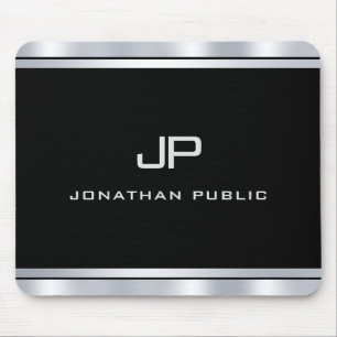 Modern Metallic Silver Look Monogram Template Mouse Pad