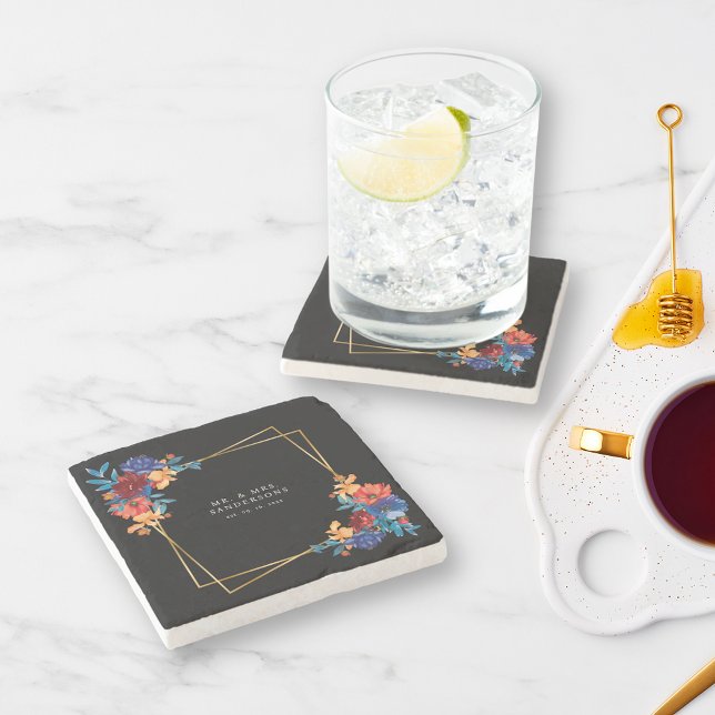 Modern Mexican Fiesta Flower Black Wedding Stone Coaster (Creator Uploaded)