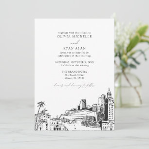 Modern Miami Skyline Black & White Wedding Invitation