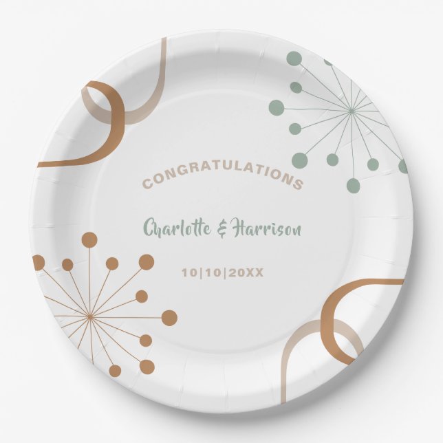 Modern Mid Century Atomic Starburst Wedding  Paper Plate (Front)