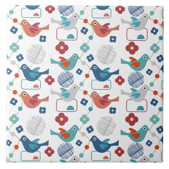 Modern Mid Century Birds Flowers Cute Pattern Ceramic Tile (Front)