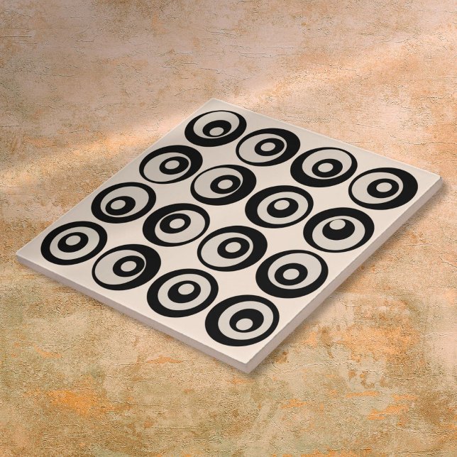 Modern Mid Century Black And Cream Circles Pattern Ceramic Tile (Modern Mid Century Black And Cream Circles Pattern Ceramic Tile)
