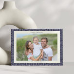 Modern Mid Century Blue Geometric Hanukkah Photo Holiday Card<br><div class="desc">This modern Hanukkah design features a navy blue geometric border with a subtle mid-century vibe and clean typography. The layout highlights a family photo in a simple horizontal orientation,  perfect for sending warm wishes during the Festival of Lights. Personalise the message on the back to make it uniquely yours.</div>