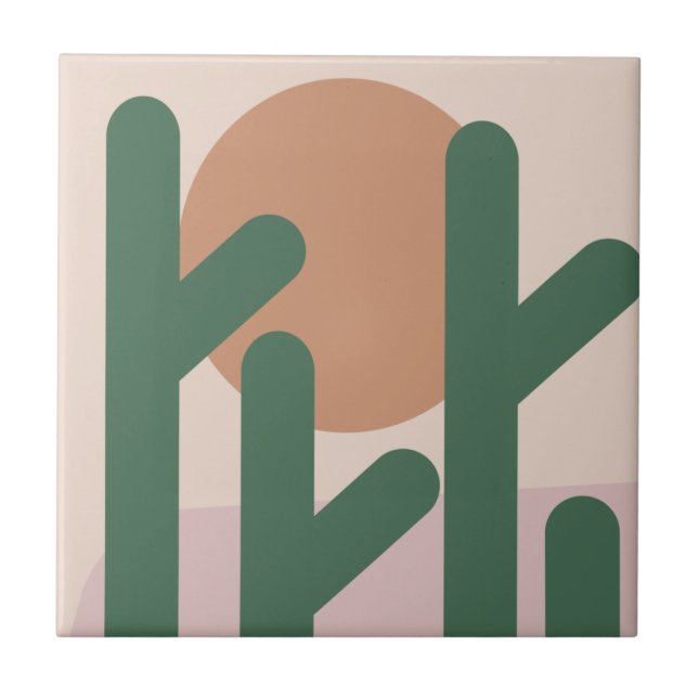 Modern Mid Century Cactus Art Earthy Pattern  Ceramic Tile (Front)