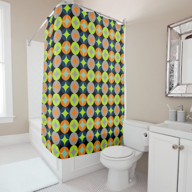 Modern Mid Century Circles Geometric Pattern Shower Curtain (In Situ)